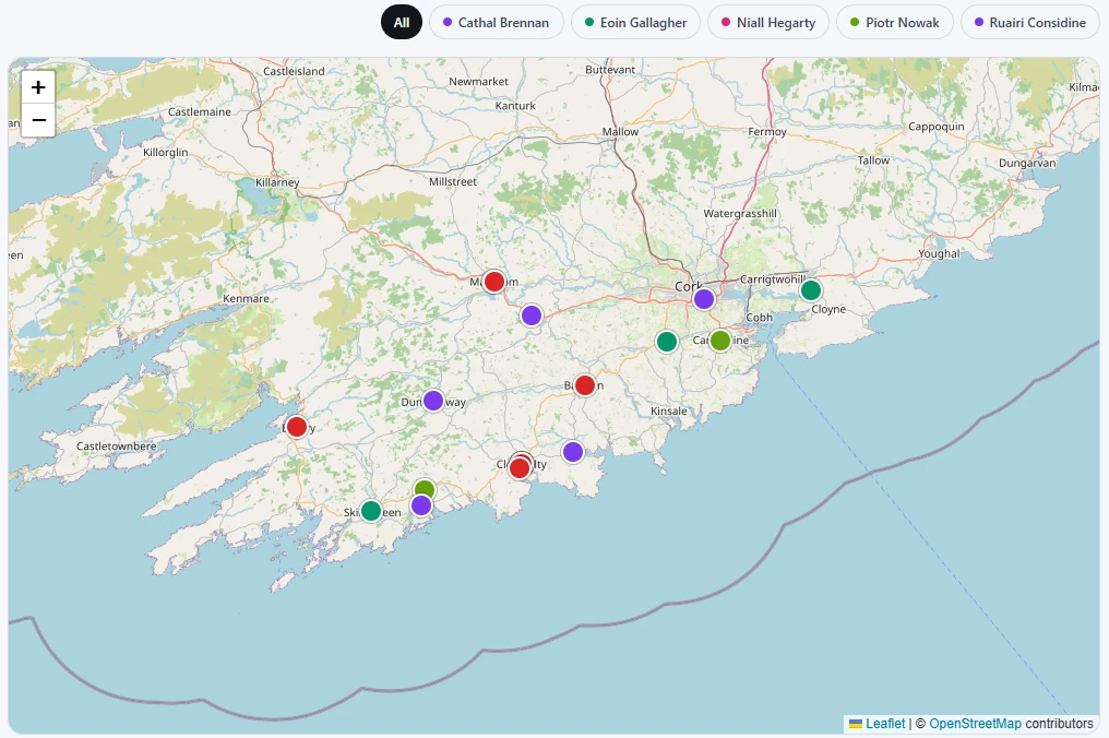 A map of the service area on a demo account, with jobs pinned across Cork and west Cork, each pin coloured by the fitter assigned to it