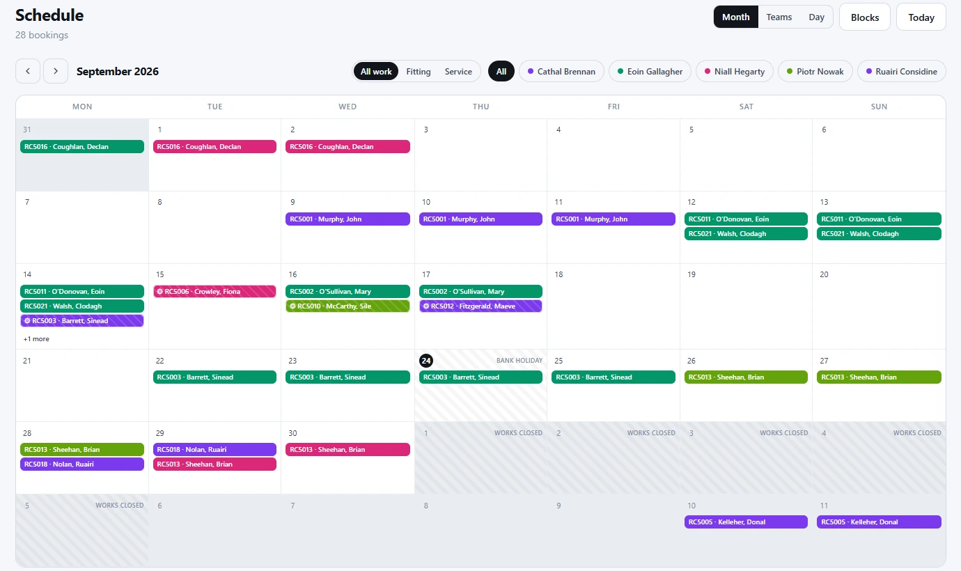 The schedule for September 2026 on a demo account, a month grid of bookings coloured by fitter, with bank holidays and closed weeks marked