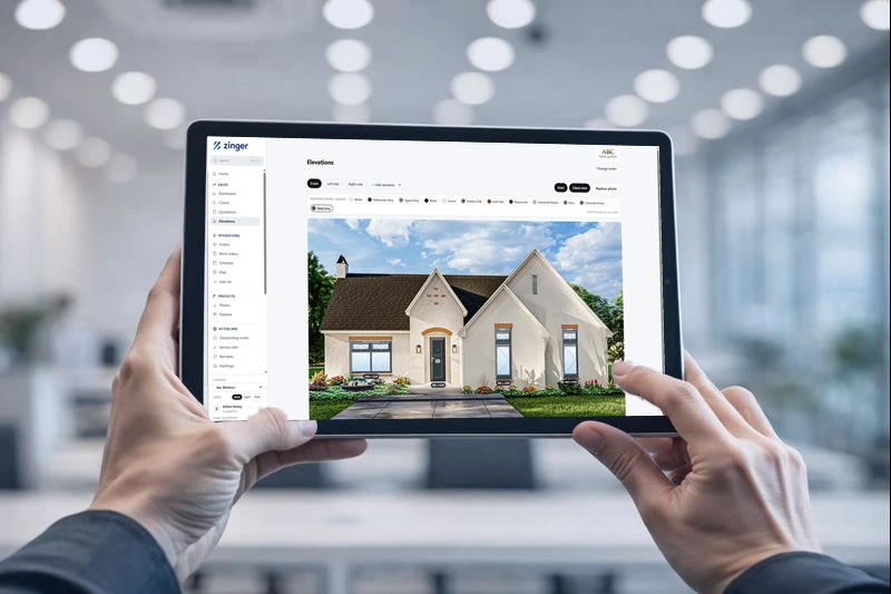 The Zinger Window & Door app on a tablet, showing a property elevation with the quoted units placed