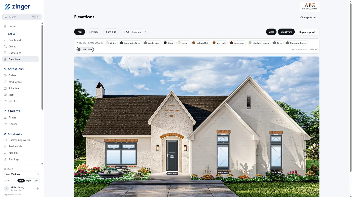 The Zinger elevation designer: window frame colours across the top, and the quoted units placed on a photograph of the property with their sizes shown